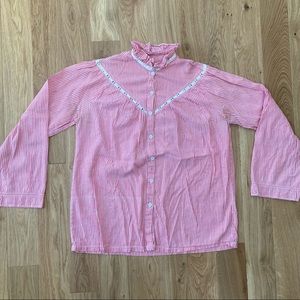 Vintage striped pink cotton long sleeve ruffle blouse